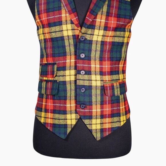 Mens Waistcoat Suit Lapel Vest 40R Multicolor Tartan Plaid Wool Formal Wedding - Picture 4 of 8